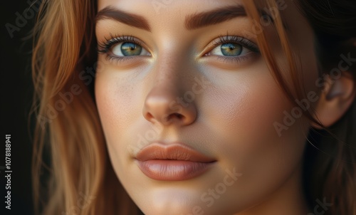 Close-up of a young woman with green eyes