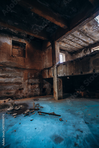 Soviet ruins of the plant. The abandoned building was overgrown with greenery and collapsed.