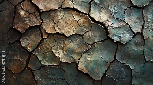 Cracked earth with a brown, green and beige color scheme.