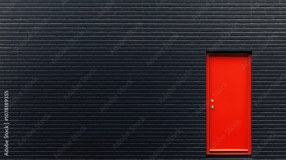 Minimalistic architecture with a vivid red door on a dark gray brick wall, showcasing strong contrast and modern design elements in an urban setting. Minimalistic architecture with a vivid red door on a dark gray brick wall, showcasing strong contrast and modern design elements in an urban setting.
