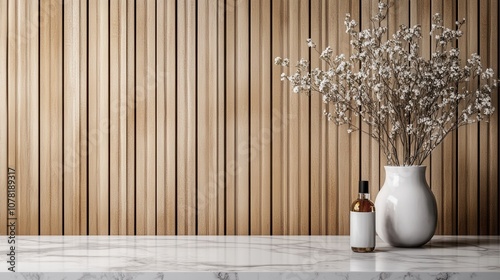 Calm Spa Scene Marble Wood Flowers Bottle Mockup