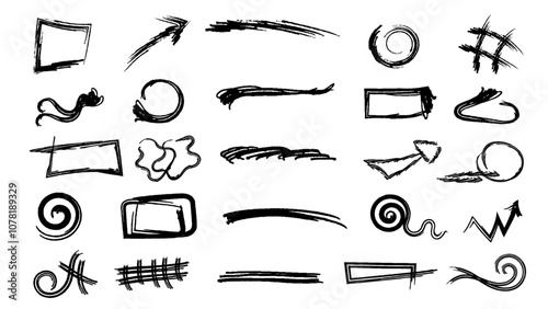 Scribble brush strokes doodle ink. Highlight hand drawn arrow marker isolated  mark  lines, circle and arrow line for highlighting text. Hand drawn, doodle elements isolated on transparent background.