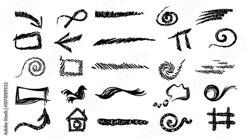 Scribble hand draw  doodle ink. Stencils with black ink for text.Hand drawn set arrows, black, cartoon, chalk, punctuation, pointers, doodle design elements, pencil or charcoal drawn marks. 