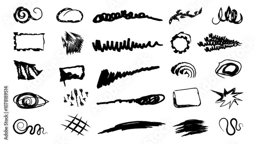 Black pen marker shapes.Highlight arrow marker isolated mark lines, circle and arrow line for highlighting text. Scribble hand draw doodle. Doodle elements isolated on transparent background.