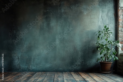 Empty room with a plant and a textured wall.