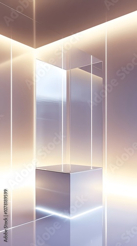 25. A polished 3D showcase with smooth lighting effects and transparent panels, leaving a wide vertical space for a product. photo