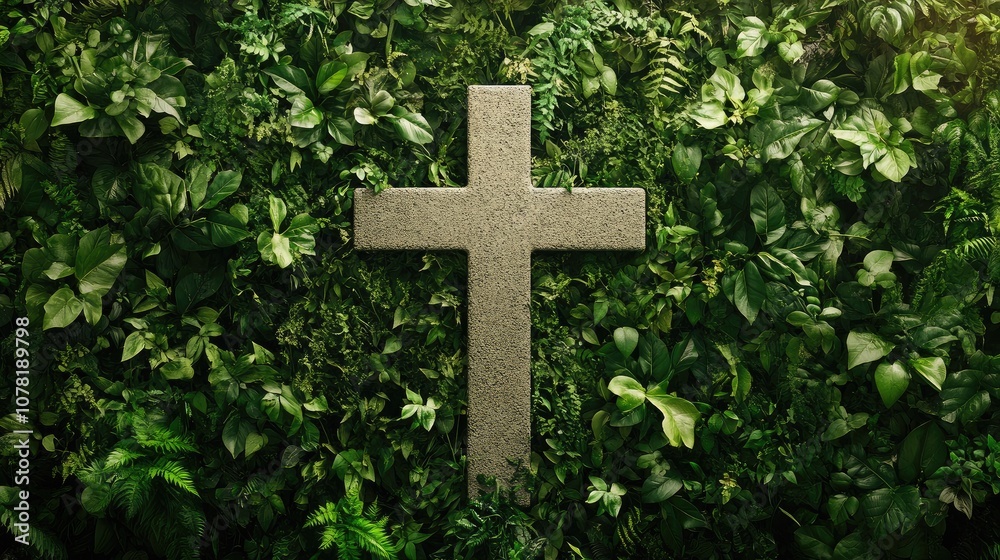 Cross surrounded by lush greenery, with room for text related to life and renewal Cross surrounded by lush greenery, with room for text related to life and renewal