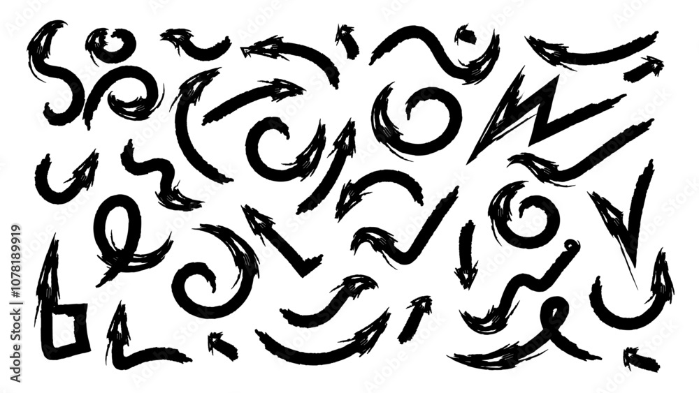Arrows set, strokes drawn with marker. Grunge paint abstract brush strokes texture. Black ink stencils. Paintbrush, splash, spray, ink splatter and paint marks. Vector illustration. Arrows set, strokes drawn with marker. Grunge paint abstract brush strokes texture. Black ink stencils. Paintbrush, splash, spray, ink splatter and paint marks. Vector illustration.