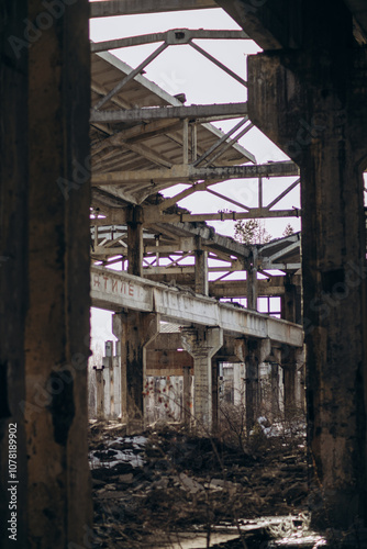 Soviet ruins of the plant. The abandoned building was overgrown with greenery and collapsed.
