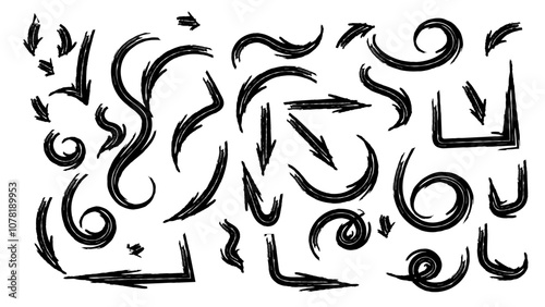 Icon set sketch. Arrows, strokes drawn with marker. Sketch chalk pencil texture line kid fun arrow icon. Hand drawn grunge crayon brush sketch colored bold curvy, curly abstracts.
