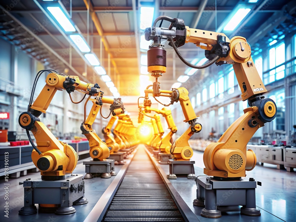 Collection of Automated Robot Arms in Production Line of Smart Factory Isolated on White Background with Bokeh Effect, Showcasing Advanced Industrial Technology and Innovation Collection of Automated Robot Arms in Production Line of Smart Factory Isolated on White Background with Bokeh Effect, Showcasing Advanced Industrial Technology and Innovation