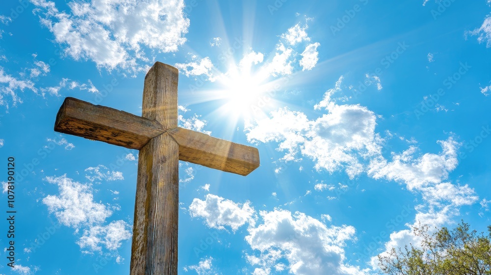 Cross with angelic rays in a bright sky, ideal for uplifting and comforting messages Cross with angelic rays in a bright sky, ideal for uplifting and comforting messages
