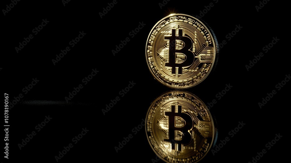 Golden Bitcoin Coin with Reflection on Black Background Golden Bitcoin Coin with Reflection on Black Background