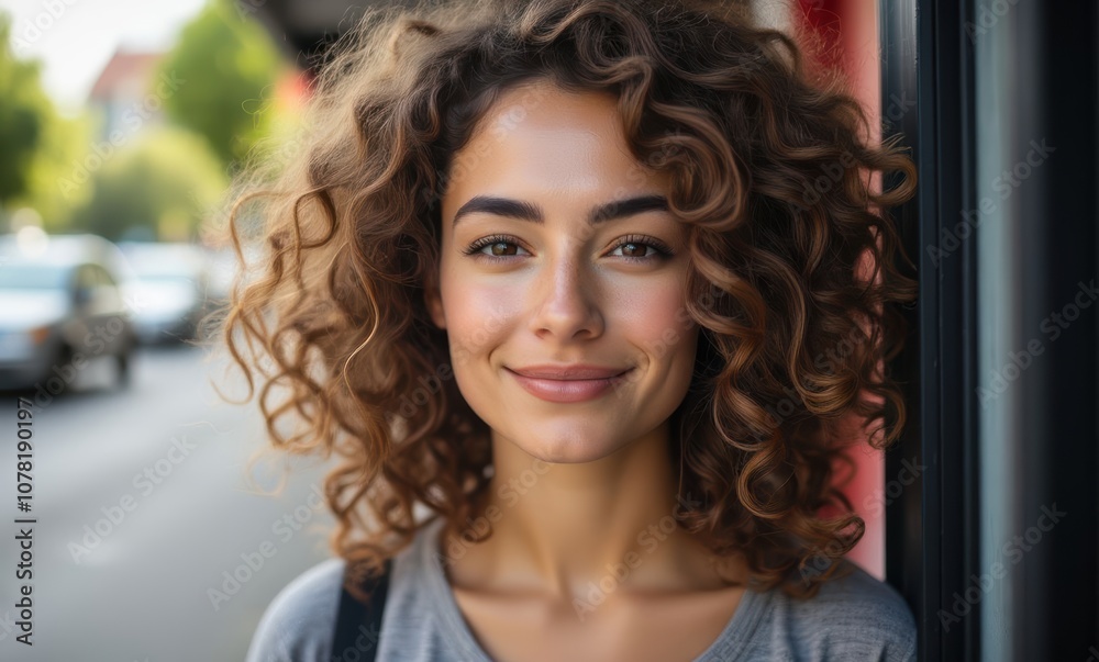 Smiling young woman with curly hair outdoors Smiling young woman with curly hair outdoors