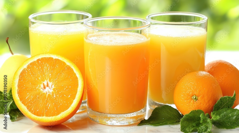Three Glasses of Orange Juice with Oranges and Mint Leaves Three Glasses of Orange Juice with Oranges and Mint Leaves