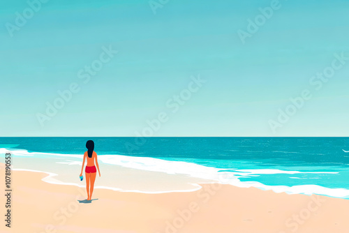 A woman walks on the beach with a bottle in her hand. The beach is calm and peaceful, with the ocean in the background. The woman is enjoying her time at the beach, taking in the beautiful scenery