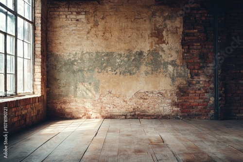Empty room with large window, brick wall and wood floor.