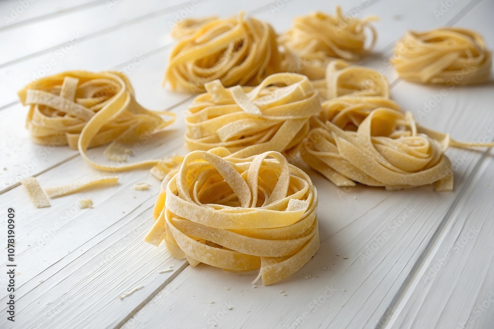Scattered classic Italian raw egg fettuccine on a white table. Dry twisted uncooked pasta. Scattered classic Italian raw egg fettuccine on a white table. Dry twisted uncooked pasta.