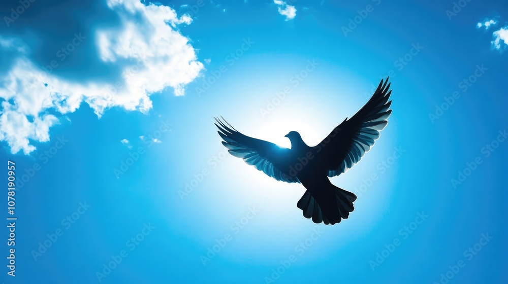 Obraz premium Cross with dove silhouette against a bright blue sky, ample room for peaceful messages