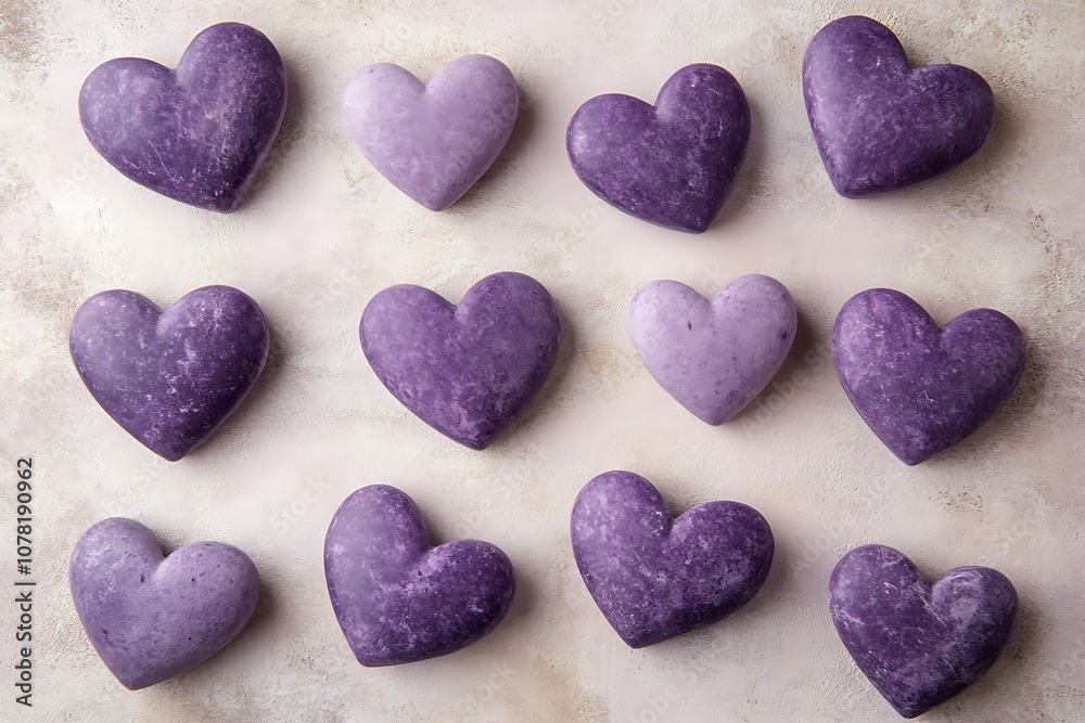 Large soft purple hearts scattered randomly on a light pastel background. Large soft purple hearts scattered randomly on a light pastel background.
