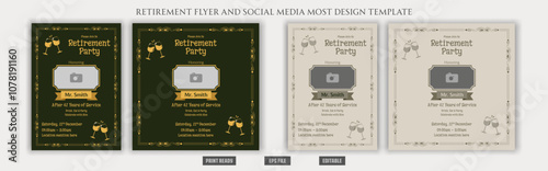 Retirement party poster flyer brochure a4 social media post squire layout old nostalgic holiday work employee chill beach invitation job elegant dark card black celebrate festive vintage templates.
