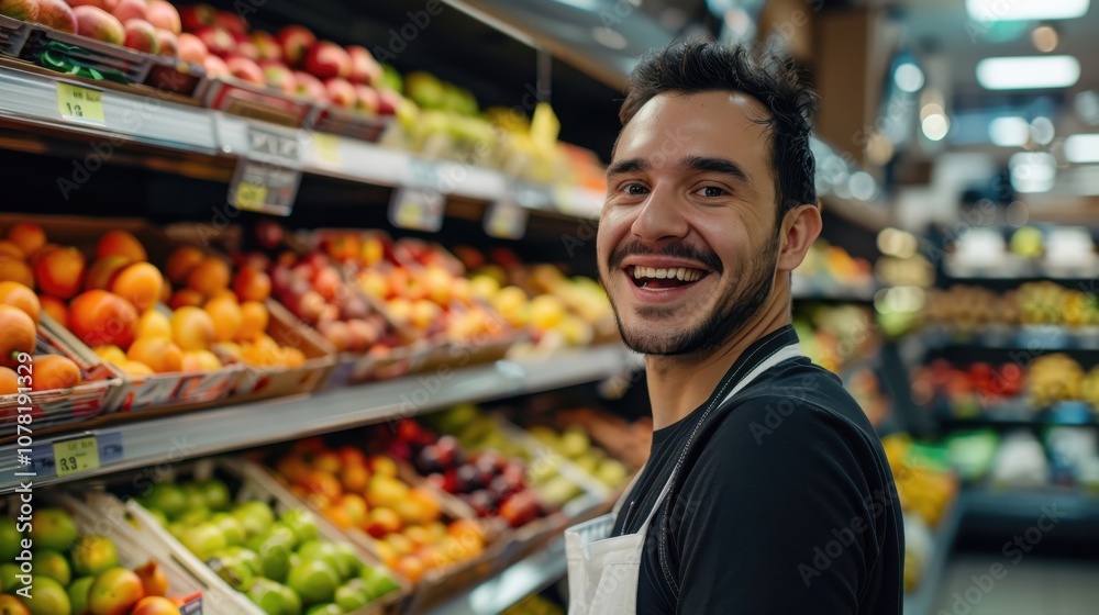 Smiling male worker engaging with customers in the vibrant fruit section of a bustling supermarket Smiling male worker engaging with customers in the vibrant fruit section of a bustling supermarket
