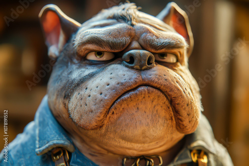 A cartoon dog with a stern expression and a blue jacket