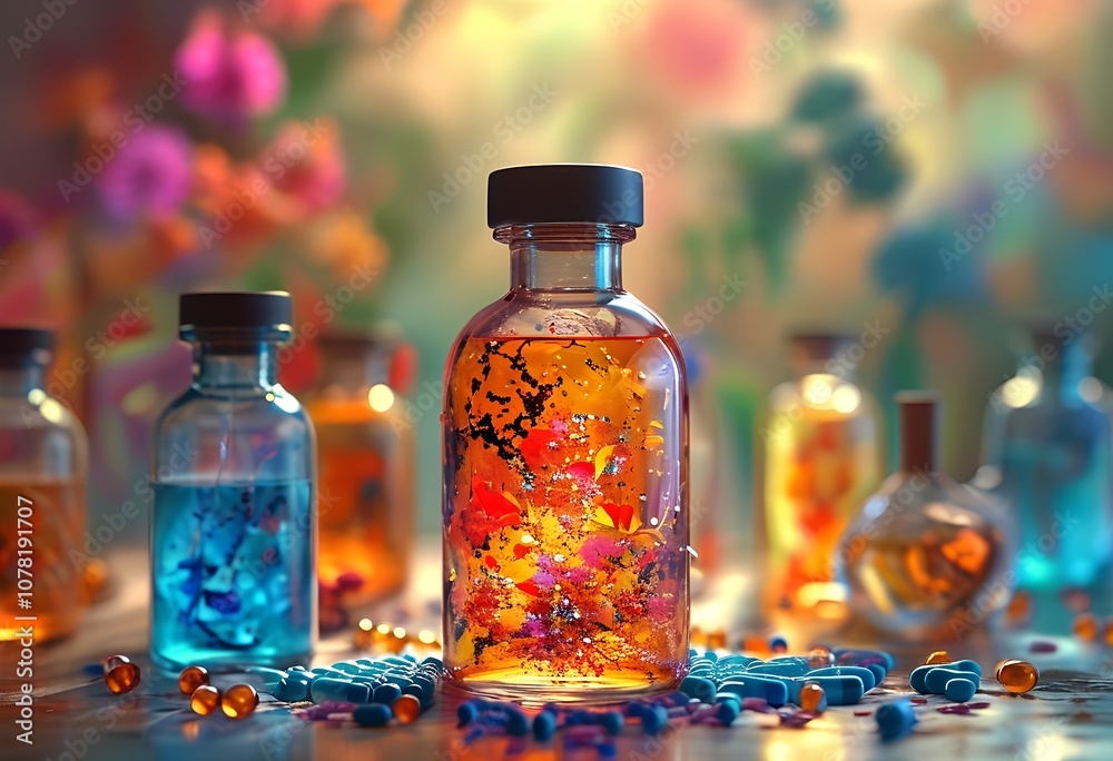Colorful glass bottle field with vibrant liquid and flowers on a table surrounded by illuminated yars in a soft light Colorful glass bottle field with vibrant liquid and flowers on a table surrounded by illuminated yars in a soft light