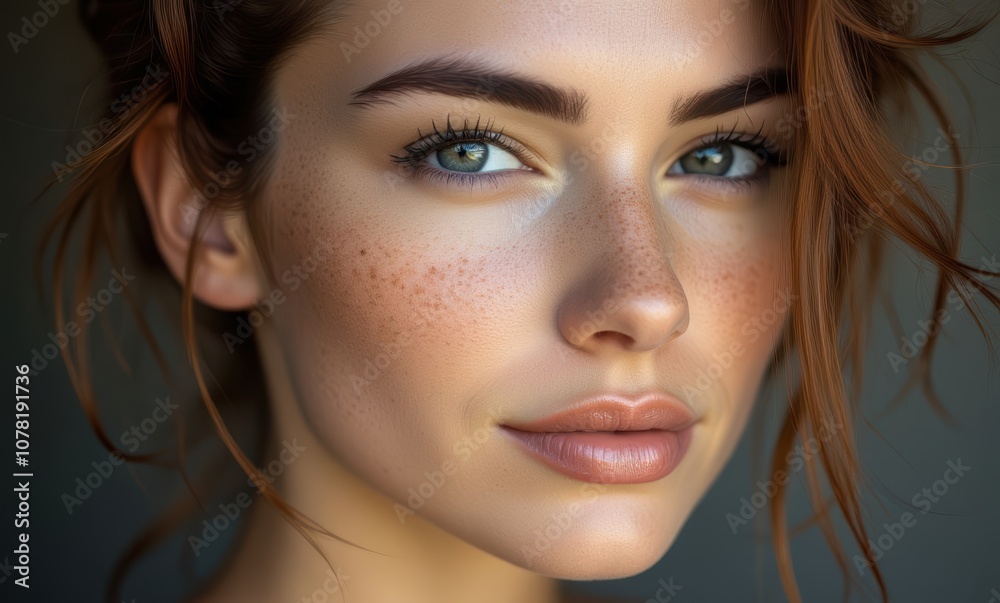 Young woman with freckled skin and blue eyes Young woman with freckled skin and blue eyes