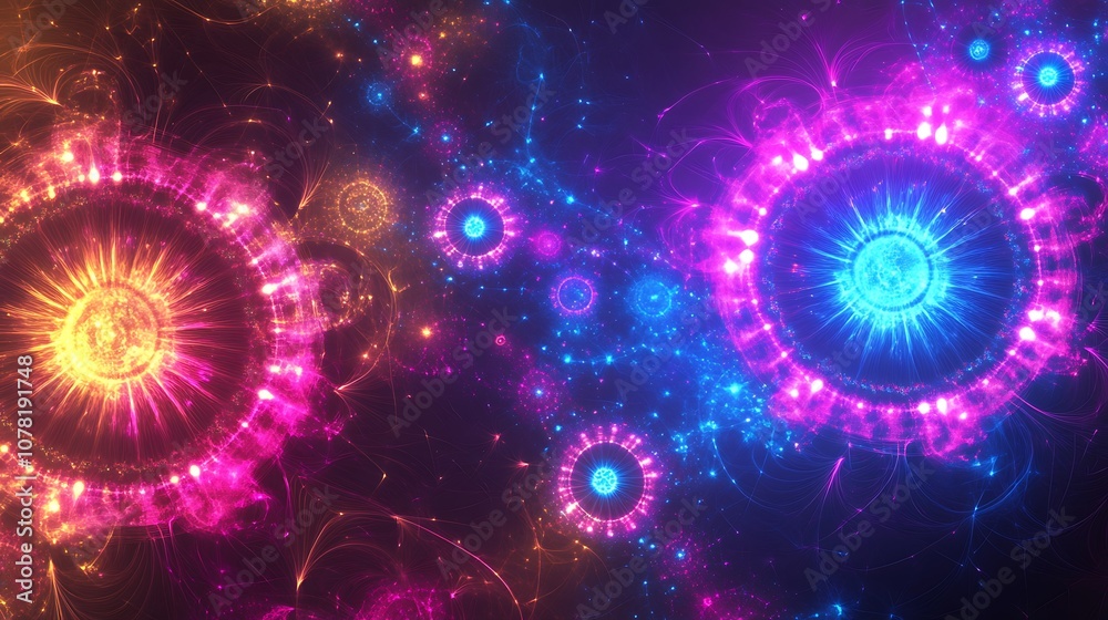 Obraz premium Neon glowing light bursts forming circular patterns against a dark digital background.