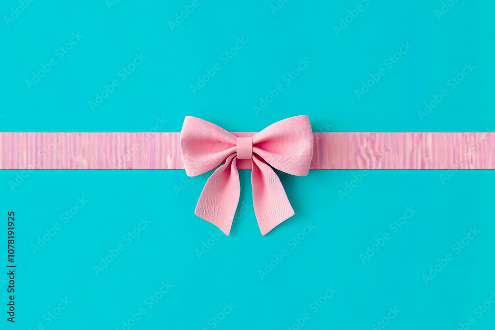 A pink ribbon bow is on a blue background A pink ribbon bow is on a blue background