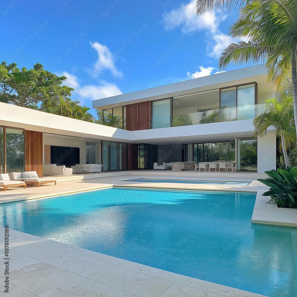 Fototapeta premium Luxury modern villa with poolside lounge and lush garden