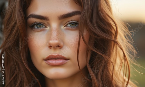 Close-up of a young woman with wavy brown hair