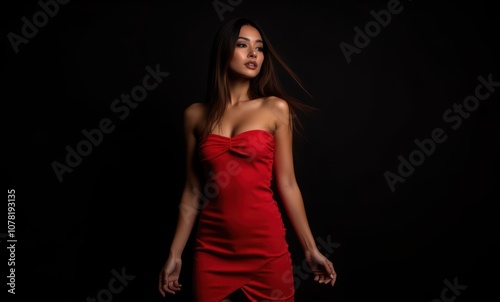 Elegant woman in red dress poses gracefully.