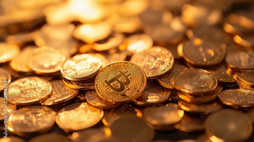 Golden Cryptocurrency Coins on Reflective Surface Golden Cryptocurrency Coins on Reflective Surface