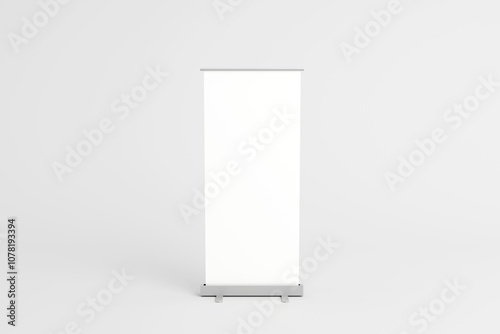 Minimalist retractable banner stand with blank white display. photo