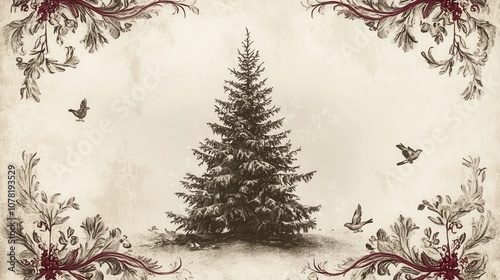 Vintage Christmas Tree Illustration Birds Snow Ornate Frame Holiday Design