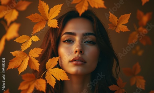 Young woman surrounded by autumn leaves photo