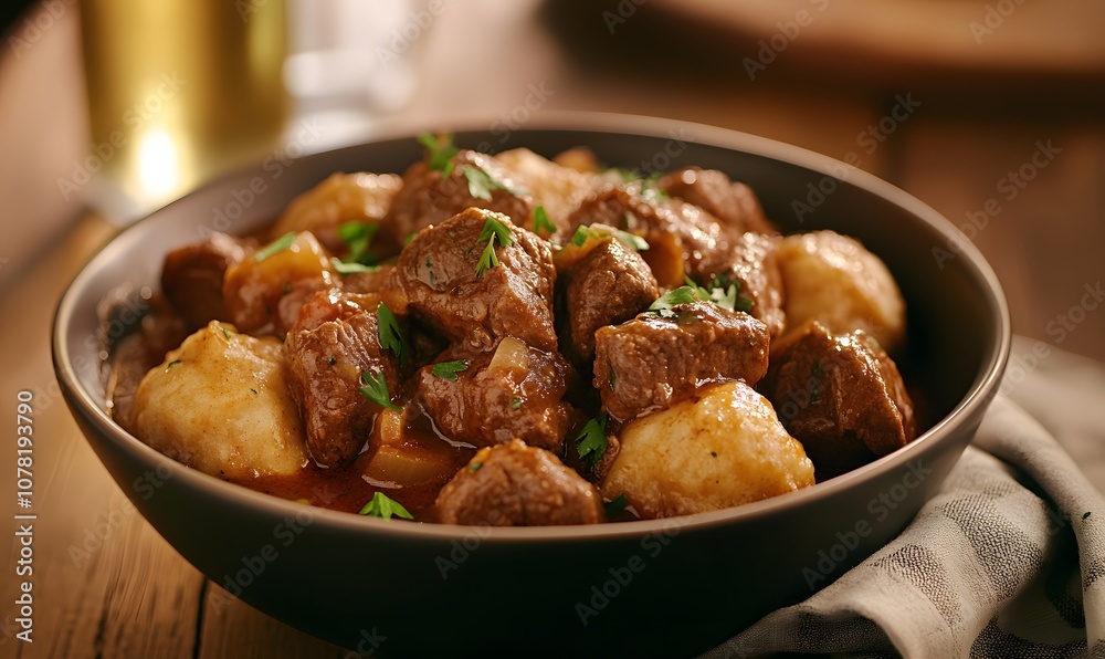A hearty bowl of beef stew with dumplings, Generative AI A hearty bowl of beef stew with dumplings, Generative AI