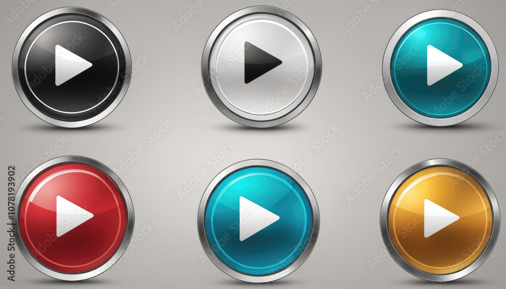 Six play buttons in different colors with a silver border are arranged in two rows Six play buttons in different colors with a silver border are arranged in two rows