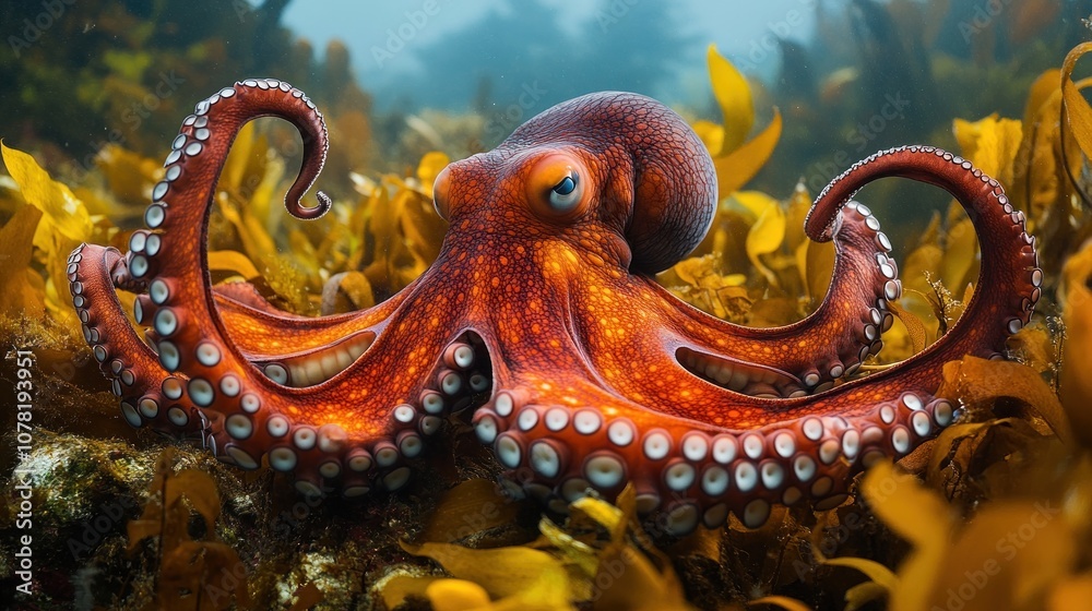 Obraz premium A vibrant octopus among underwater kelp.