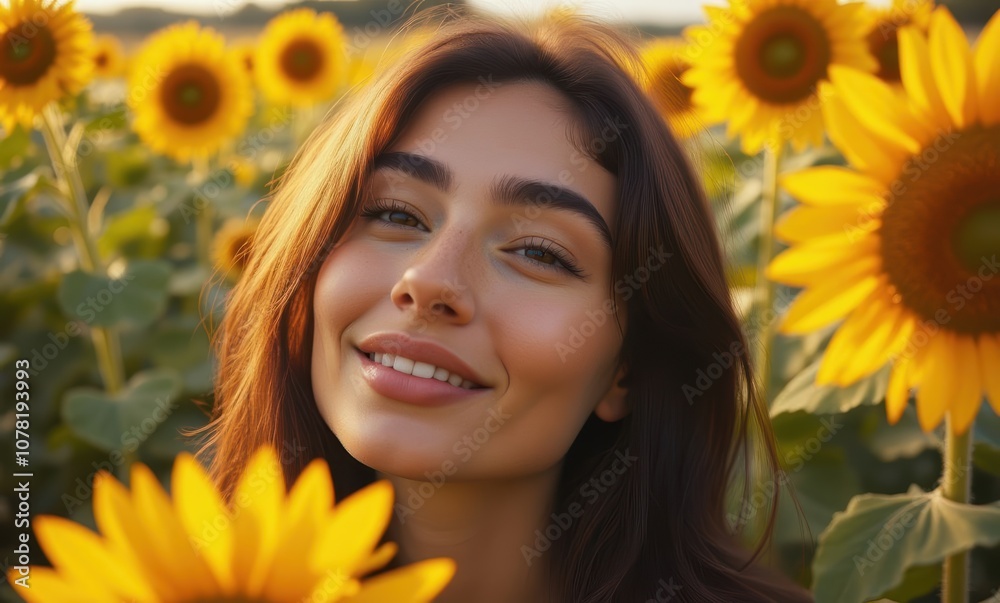 Smiling woman in sunflower field Smiling woman in sunflower field