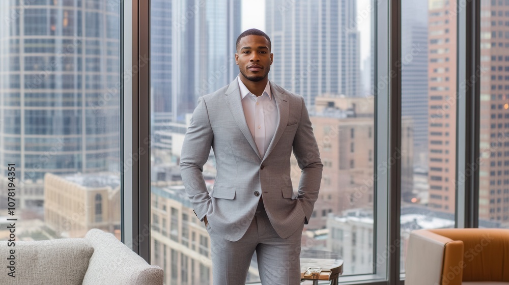 Fototapeta premium Confident Businessman in Gray Suit Cityscape View