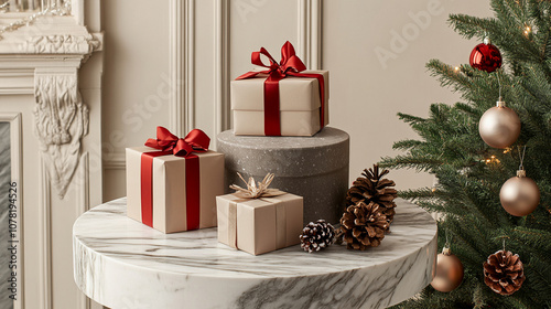 Elegant Christmas Gift Box Display on a Round Marble Pedestal with Festive Decor