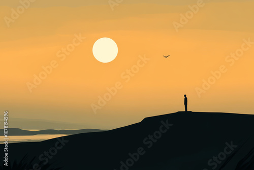 A man stands on a hill overlooking a body of water. The sky is orange and the sun is setting