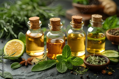 Natural Aromatherapy Essential Oils with Fresh Herbs and Spices for Holistic Wellness