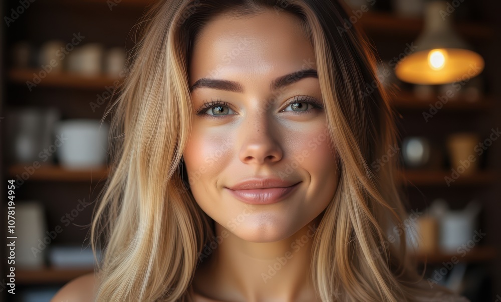 Smiling young blonde woman in cozy setting Smiling young blonde woman in cozy setting
