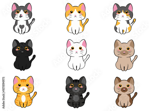 CUTE SET OF FRONT FACING CATS WITH VARIOUS PATTERNS AND COLORS