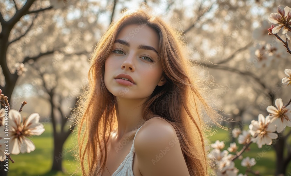 Young woman with flowing hair in blossoms Young woman with flowing hair in blossoms