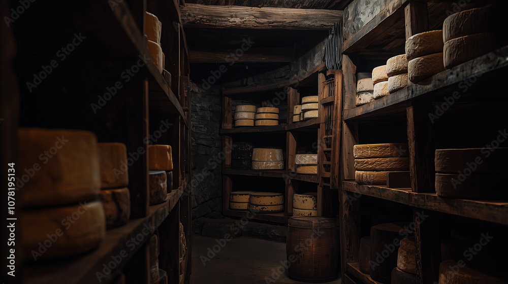 Obraz premium wooden shelves stocked with various aged cheeses in a dimly lit rustic cellar